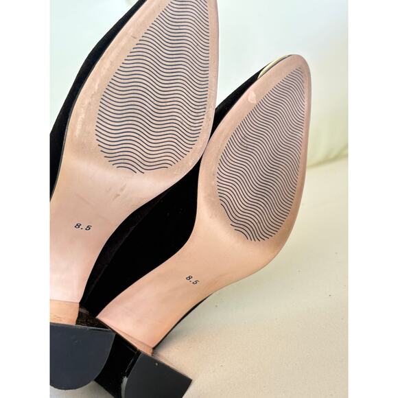 Melyann Velvet Heels 8.5 Black Pumps Academia Office Career Capsule Gold Stacked - Picture 7 of 7